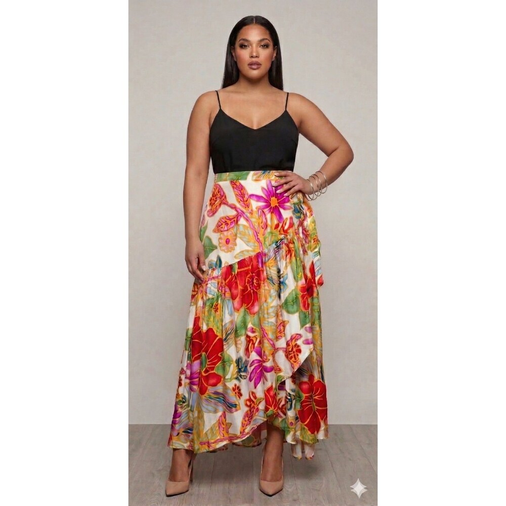 VINTAGE Cynthia Rowley Wrap Skirt Womens L Tropical High Low Ruffle Boho Rare - Picture 1 of 15